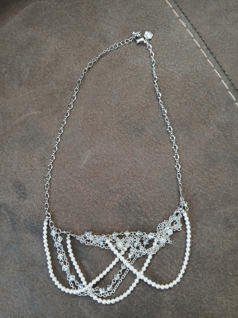 Silver Pearl & Crystal Draped Necklace